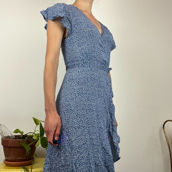 Blue Floral Midi Wrap Dress - Women’s S - Cottage Core - Picture 2 of 5